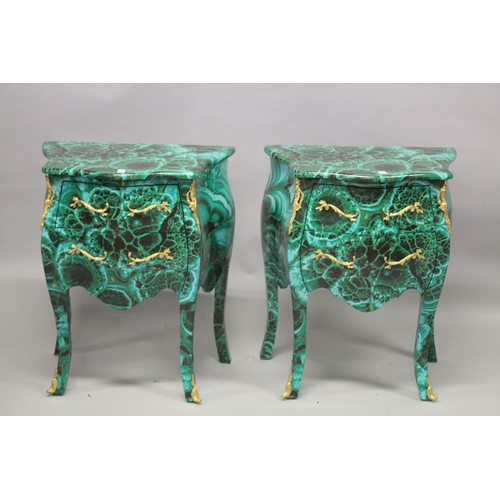 34 - A PAIR OF FRENCH STYLE FAUX MALACHITE AND ORMOLU TWO-DRAWER PETIT COMMODES. 76cms high x 64cms wide ... 