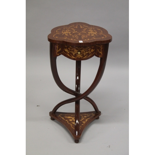 35 - A FRENCH STYLE ROSEWOOD AND MARQUETRY SHAPED TOP OCCASIONAL TABLE, with a small drawer, on curving s... 