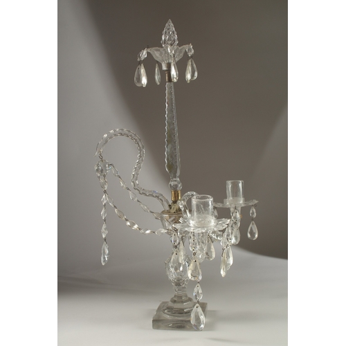 48 - A GOOD 18TH CENTURY IRISH GLASS TABLE CENTREPIECE with prism drops and two curving candle sconces, o... 