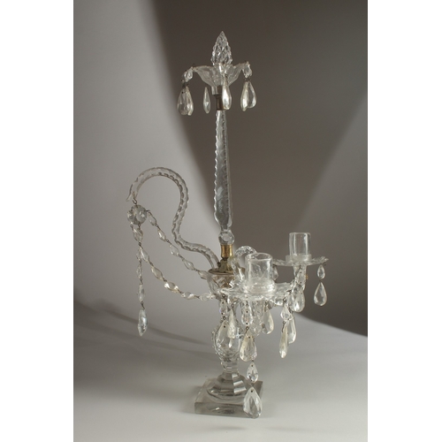 48 - A GOOD 18TH CENTURY IRISH GLASS TABLE CENTREPIECE with prism drops and two curving candle sconces, o... 