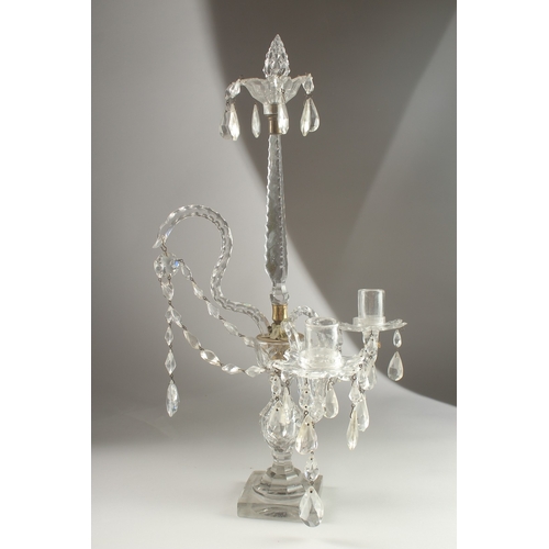 48 - A GOOD 18TH CENTURY IRISH GLASS TABLE CENTREPIECE with prism drops and two curving candle sconces, o... 