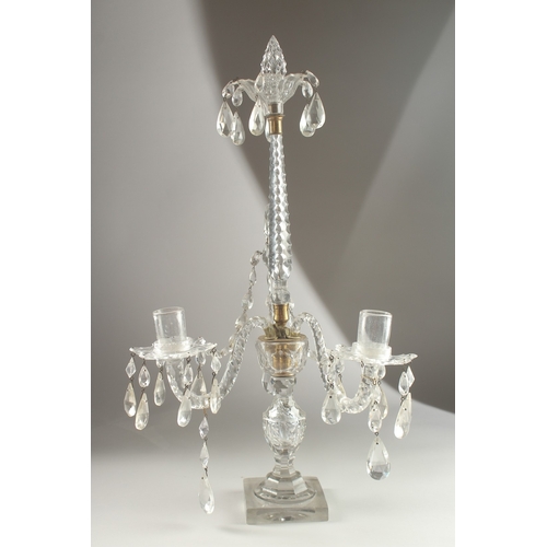 48 - A GOOD 18TH CENTURY IRISH GLASS TABLE CENTREPIECE with prism drops and two curving candle sconces, o... 