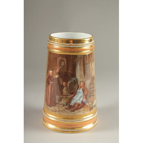 63 - A GOOD VIENNA PORCELAIN TANKARD, 18cms high, with a painted panel of monks and a man asleep beside a... 