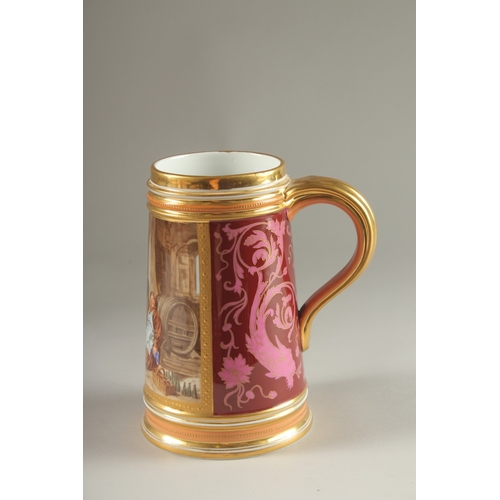 63 - A GOOD VIENNA PORCELAIN TANKARD, 18cms high, with a painted panel of monks and a man asleep beside a... 