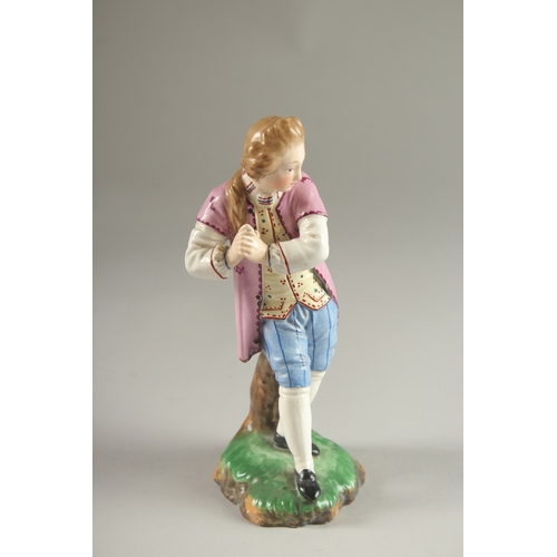 64 - A GOOD HOCHST PORCELAIN FIGURE OF A YOUNG MAN. Circle mark in blue.  17cms high.