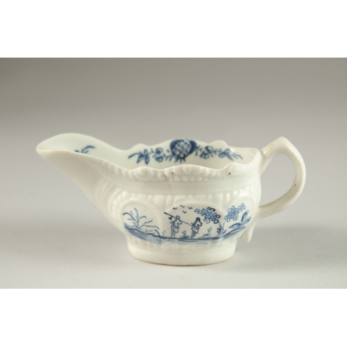 67 - A SMALL LOWESTOFT BLUE AND WHITE SAUCEBOAT. Circa. 1771.  11cms.