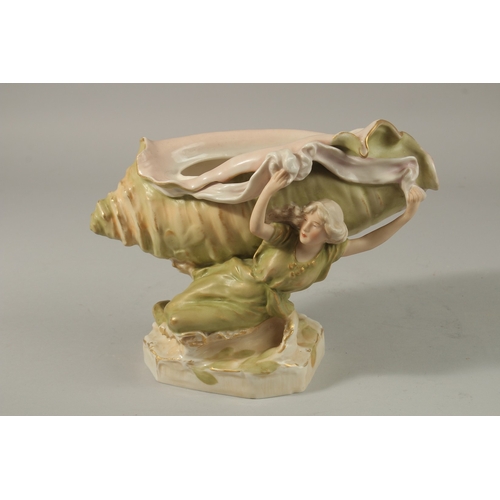 74 - A ROYAL DUX PORCELAIN SHAPED BOWL held by a young lady. 17cms high. Triangle mark No. 1117.