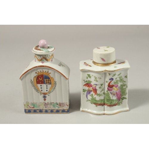 77 - TWO, POSSIBLY SAMSON, PORCELAIN TEA CADDIES AND COVERS, one with a crest, the other birds. 13cms hig... 