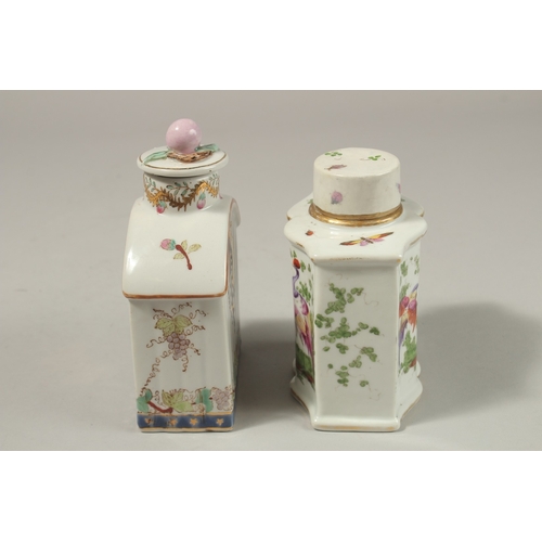 77 - TWO, POSSIBLY SAMSON, PORCELAIN TEA CADDIES AND COVERS, one with a crest, the other birds. 13cms hig... 