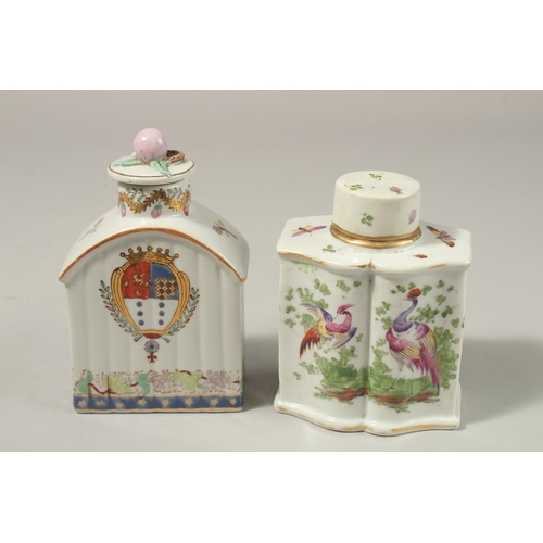 77 - TWO, POSSIBLY SAMSON, PORCELAIN TEA CADDIES AND COVERS, one with a crest, the other birds. 13cms hig... 