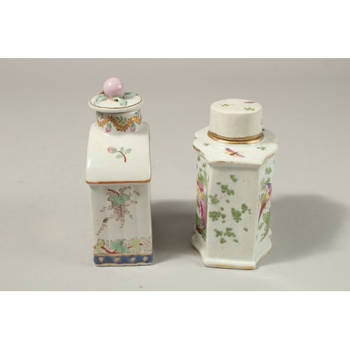 77 - TWO, POSSIBLY SAMSON, PORCELAIN TEA CADDIES AND COVERS, one with a crest, the other birds. 13cms hig... 