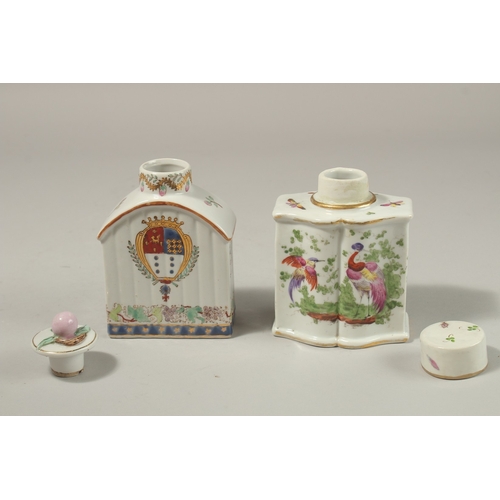 77 - TWO, POSSIBLY SAMSON, PORCELAIN TEA CADDIES AND COVERS, one with a crest, the other birds. 13cms hig... 