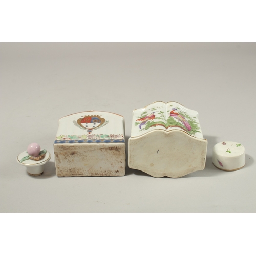 77 - TWO, POSSIBLY SAMSON, PORCELAIN TEA CADDIES AND COVERS, one with a crest, the other birds. 13cms hig... 