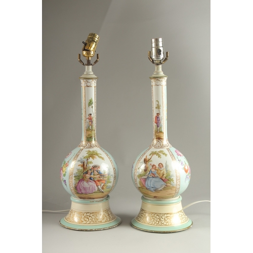 84 - A PAIR OF DRESDEN PORCELAIN VASES with panels of flowers and figures converted to lamps. Vases 34cms... 