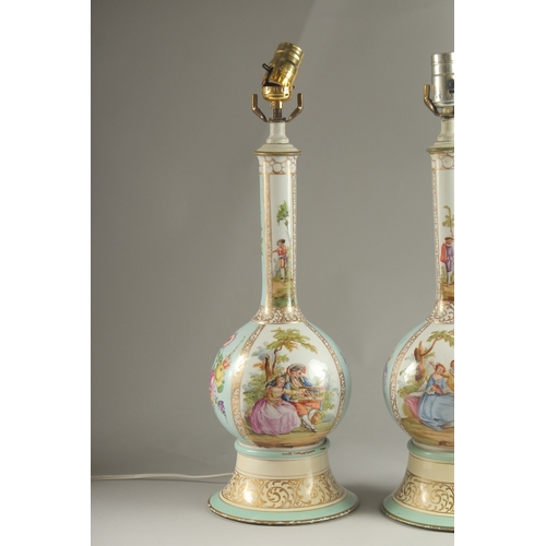 84 - A PAIR OF DRESDEN PORCELAIN VASES with panels of flowers and figures converted to lamps. Vases 34cms... 