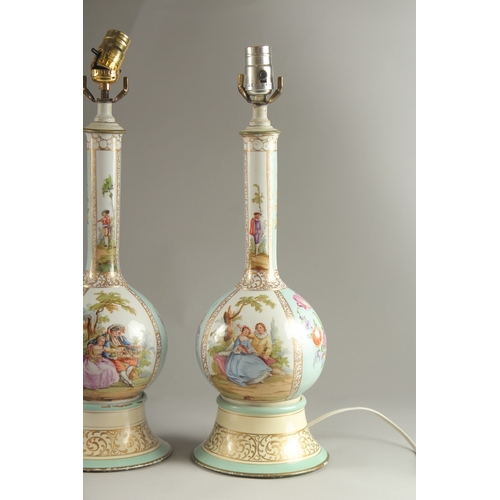 84 - A PAIR OF DRESDEN PORCELAIN VASES with panels of flowers and figures converted to lamps. Vases 34cms... 