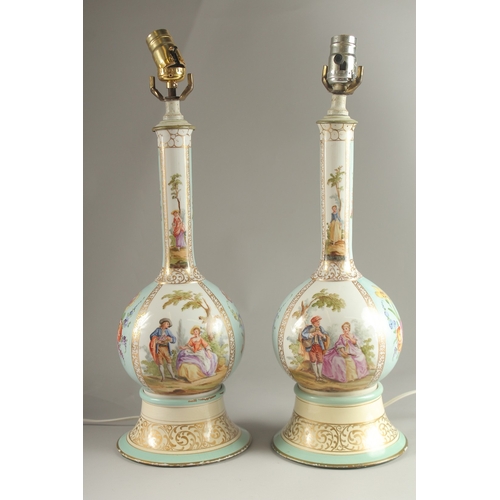 84 - A PAIR OF DRESDEN PORCELAIN VASES with panels of flowers and figures converted to lamps. Vases 34cms... 