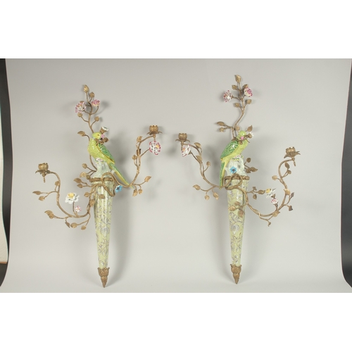 85 - A GOOD PAIR OF GILT METAL AND PORCELAIN WALL SCONCES with two candle sconces, flowers and birds. 80c... 