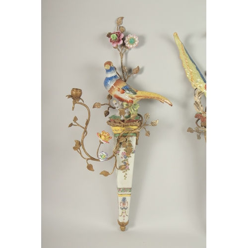 86 - A GOOD PAIR OF GILT METAL AND PORCELAIN PHEASANTS WALL SCONCES with two candle sconces, flowers and ... 