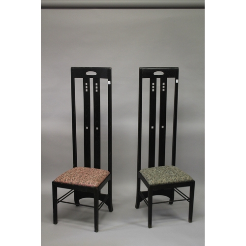 9 - A PAIR OF RENE MACKINTOSH DESIGN HIGH BACK CHAIRS with floral drop in seat.