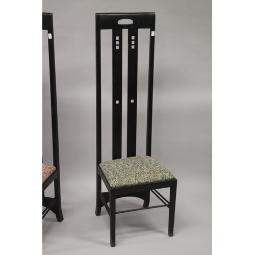 9 - A PAIR OF RENE MACKINTOSH DESIGN HIGH BACK CHAIRS with floral drop in seat.