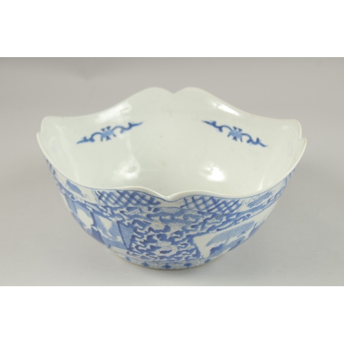 1005 - A CHINESE BLUE AND WHITE PORCELAIN SQUARE FORM BOWL AND HARDWOOD STAND, the bowl with panels of figu... 