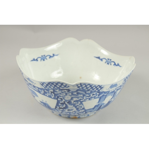 1005 - A CHINESE BLUE AND WHITE PORCELAIN SQUARE FORM BOWL AND HARDWOOD STAND, the bowl with panels of figu... 