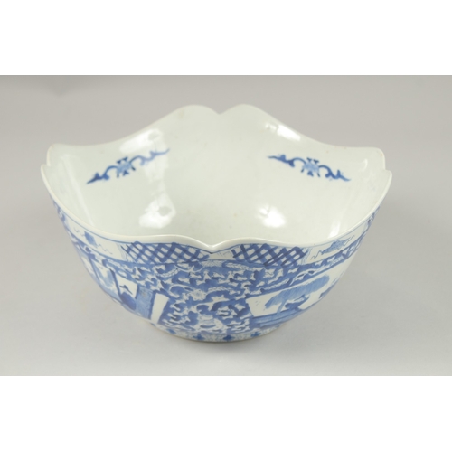 1005 - A CHINESE BLUE AND WHITE PORCELAIN SQUARE FORM BOWL AND HARDWOOD STAND, the bowl with panels of figu... 