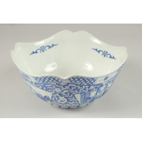 1005 - A CHINESE BLUE AND WHITE PORCELAIN SQUARE FORM BOWL AND HARDWOOD STAND, the bowl with panels of figu... 