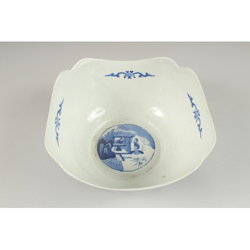 1005 - A CHINESE BLUE AND WHITE PORCELAIN SQUARE FORM BOWL AND HARDWOOD STAND, the bowl with panels of figu... 