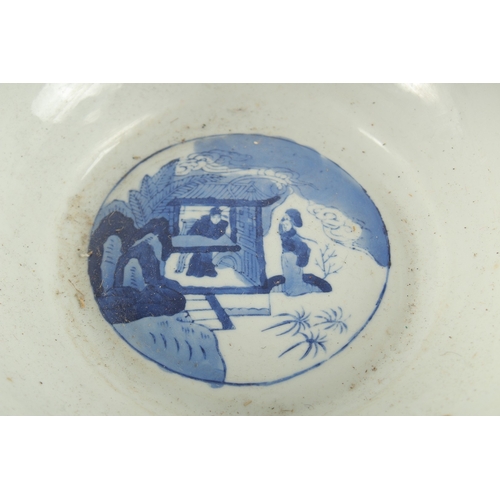 1005 - A CHINESE BLUE AND WHITE PORCELAIN SQUARE FORM BOWL AND HARDWOOD STAND, the bowl with panels of figu... 