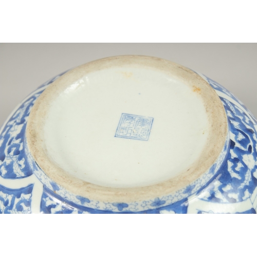 1005 - A CHINESE BLUE AND WHITE PORCELAIN SQUARE FORM BOWL AND HARDWOOD STAND, the bowl with panels of figu... 