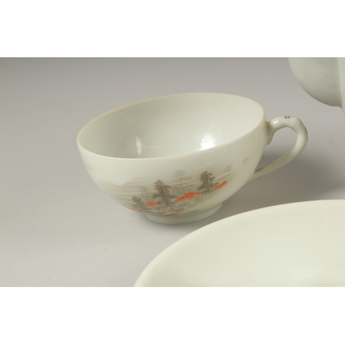 1006 - A JAPANESE VINTAGE PORCELAIN TEA SET, each piece painted with landscape scenes and inscriptions, (qt... 