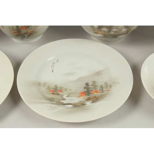 1006 - A JAPANESE VINTAGE PORCELAIN TEA SET, each piece painted with landscape scenes and inscriptions, (qt... 