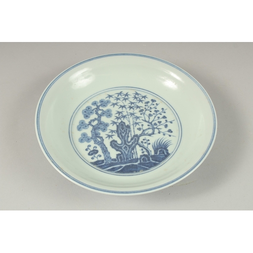 1010 - A CHINESE BLUE AND WHITE PORCELAIN DISH, the base with character mark, 19.5cm diameter.