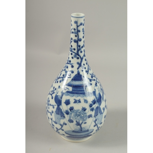 1015 - A CHINESE BLUE AND WHITE PORCELAIN BOTTLE VASE, each side painted with two boys carrying a large lid... 