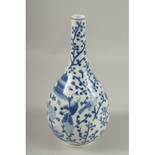 1015 - A CHINESE BLUE AND WHITE PORCELAIN BOTTLE VASE, each side painted with two boys carrying a large lid... 