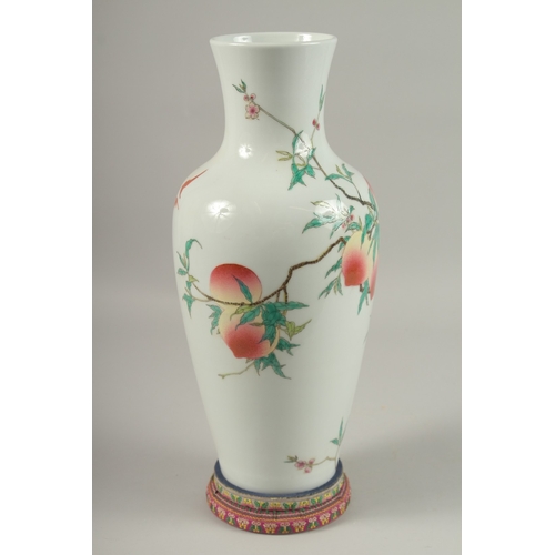 1018 - A LARGE CHINESE FAMILLE ROSE PORCELAIN PEACH VASE, with stand, vase 39.5cm high.