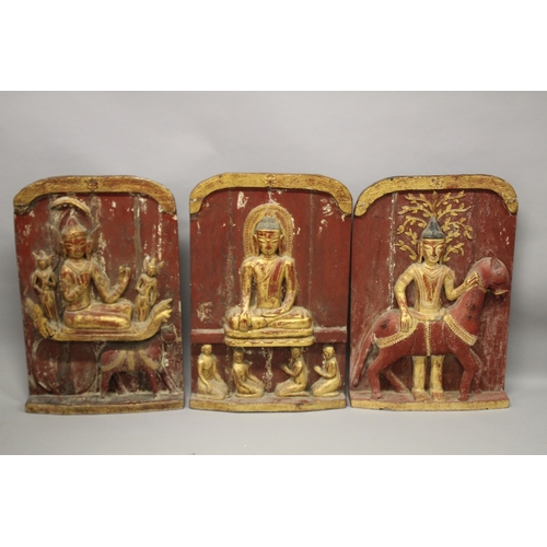 1024 - THREE LARGE RELIEF CARVED WOODEN BUDDHISTIC PANELS, each panel gilded and lacquered in red with carv... 