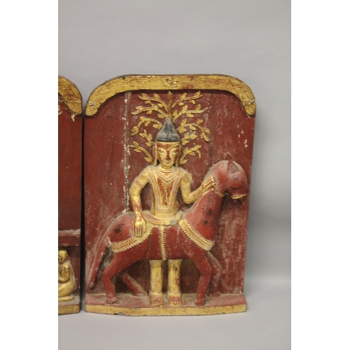 1024 - THREE LARGE RELIEF CARVED WOODEN BUDDHISTIC PANELS, each panel gilded and lacquered in red with carv... 