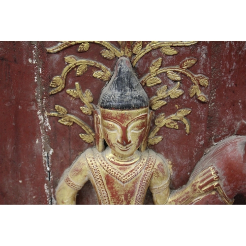 1024 - THREE LARGE RELIEF CARVED WOODEN BUDDHISTIC PANELS, each panel gilded and lacquered in red with carv... 