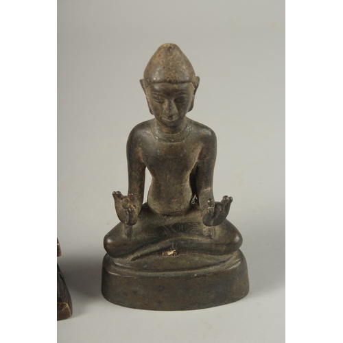 1027 - TWO CHINESE BRONZE BUDDHAS, 17cm and 19cm high.