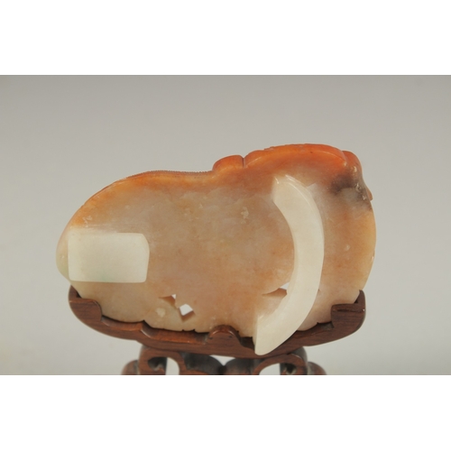 1031 - A GOOD CHINESE CARVED JADE DOG OF FO, 9cm long, 6cm wide, on a wooden stand.