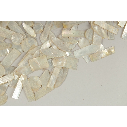 1036 - A LARGE QUANTITY OF CHINESE CARVED MOTHER OF PEARL COUNTERS, various forms and sizes, (qty).