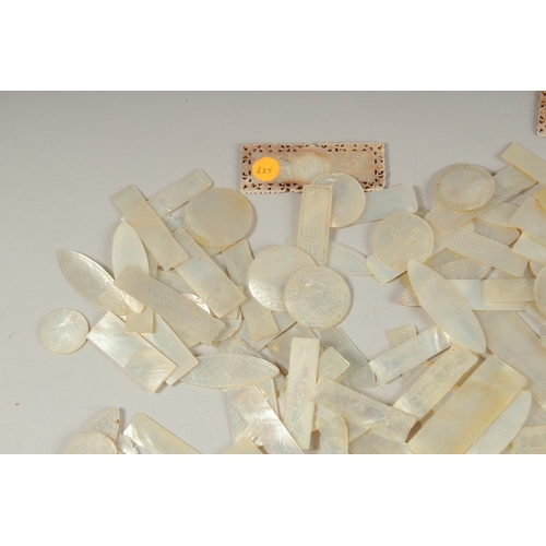 1036 - A LARGE QUANTITY OF CHINESE CARVED MOTHER OF PEARL COUNTERS, various forms and sizes, (qty).