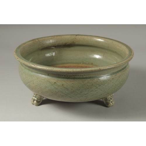 1043 - A 16TH CENTURY GREEN GLAZED DEEP CIRCULAR BOWL, raised on three lion feet. 15cm high, 32cm wide.