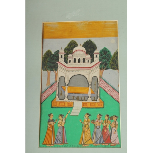 1057 - A FINE INDIAN MINIATURE PAINTING OF PALACE SCENE WITH FIGURES, 28cm x 17cm.