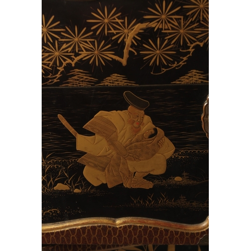 1060 - A FINE JAPANESE MEIJI PERIOD BLACK AND GILT LACQUERED CABINET, raised on stand, the two doors openin... 