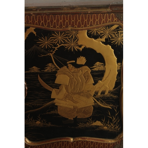 1060 - A FINE JAPANESE MEIJI PERIOD BLACK AND GILT LACQUERED CABINET, raised on stand, the two doors openin... 