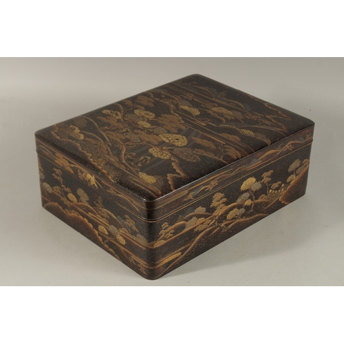 1061 - A VERY FINE JAPANESE MEIJI PERIOD GILT AND BLACK LACQUER BOX, beautifully decorated with landscape s... 